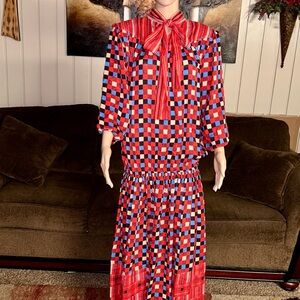 Mosaic • Vintage • Large • Boho • Red W/ Multi-Colors Blocks • Dress W/ Neck Tie